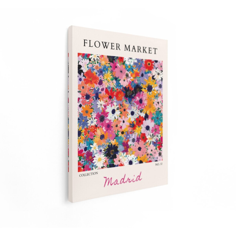 Artaza Canvas Schilderij Levendige Bloemenprint met de Tekst 'Flower Market' en 'Madrid' - 90x120 cm - Groot - Wanddecoratie Woonkamer - Schilderijen - Muurdecoratie afbeelding 1