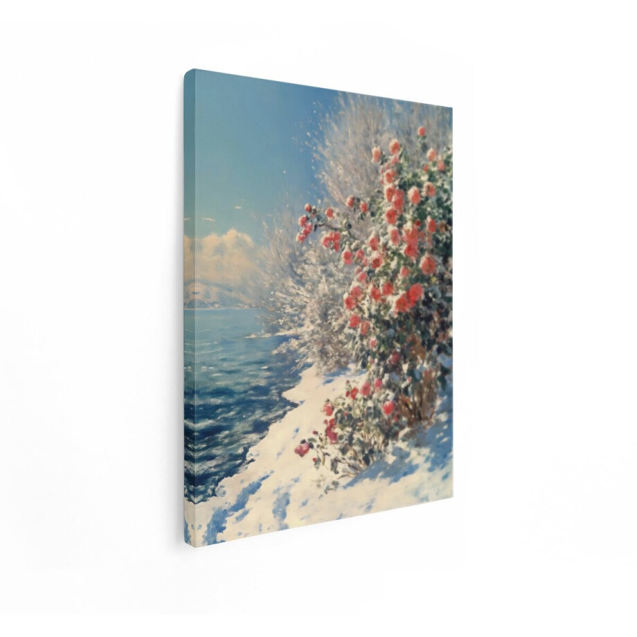 Artaza Canvas Schilderij Rozenstruik - 60x80 cm - Wanddecoratie Bloemen Monet - Muurdecoratie Kust Winter - Decoratie Roze Zee afbeelding 1