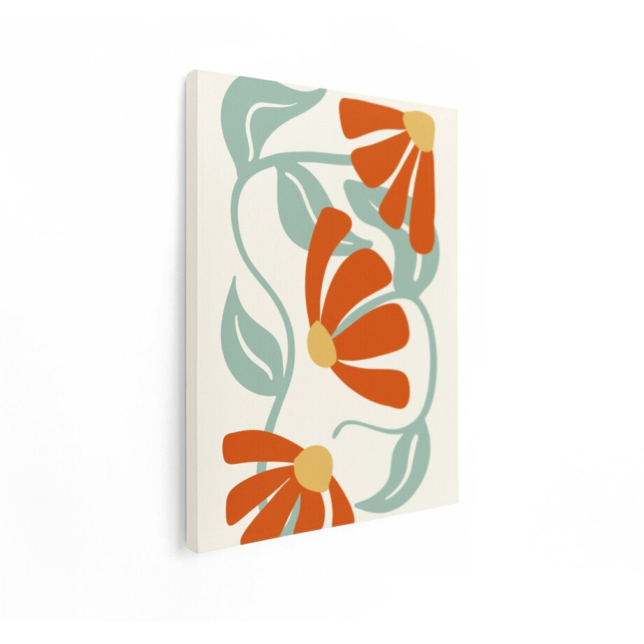 Artaza Canvas Schilderij Abstracte Bloemen met Bladeren in een Retro Stijl - Oranje en Groen - 30x40 cm - Klein - Wanddecoratie Woonkamer - Schilderijen - Muurdecoratie afbeelding 1