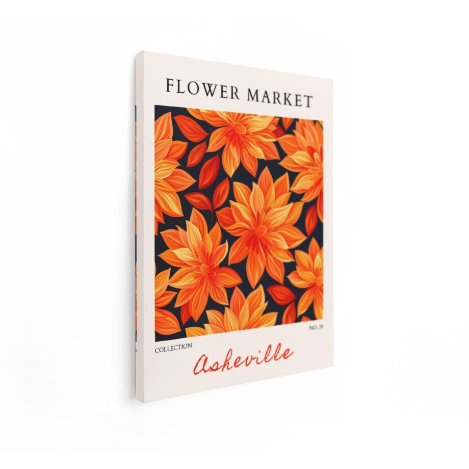 Artaza Canvas Schilderij Bloemenmarkt Poster met Levendige Oranje Bloemen en Bladeren op Donkere Achtergrond - 90x120 cm - Groot - Wanddecoratie Woonkamer - Schilderijen - Muurdecoratie afbeelding 1