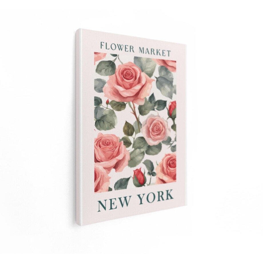 Artaza Canvas Schilderij Bloemenmarkt Poster met Roze Rozen en Tekst 'New York' - 90x120 cm - Groot - Wanddecoratie Woonkamer - Schilderijen - Muurdecoratie afbeelding 1