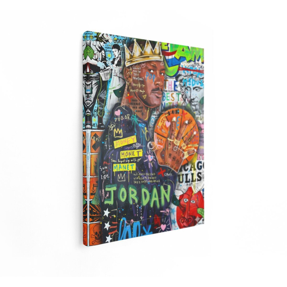 Artaza Canvas Schilderij Michael Jordan met Kroon en Basketbal in een Levendige - Graffiti-Stijl Kunstprint - 90x120 cm - Groot - Wanddecoratie Woonkamer - Schilderijen - Muurdecoratie afbeelding 1