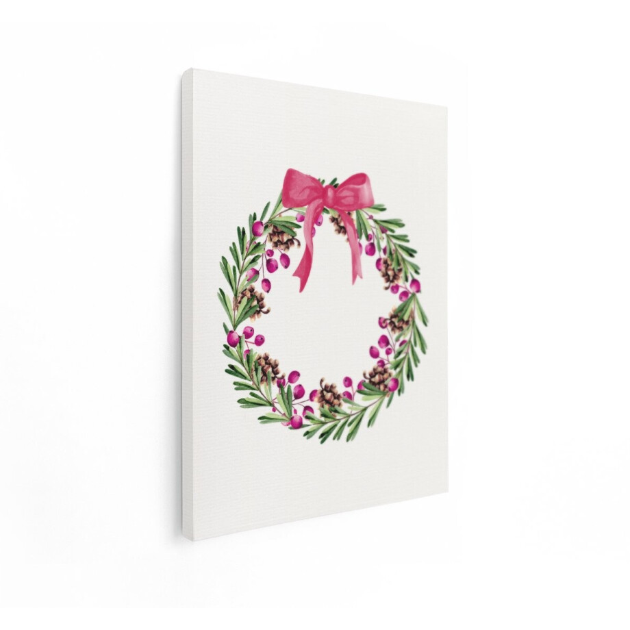 Artaza Canvas Schilderij Handgeschilderde Kerstkrans met Dennenappels en Rode Bessen Versierd met Strik - 30x40 cm - Klein - Wanddecoratie Woonkamer - Schilderijen - Muurdecoratie afbeelding 1