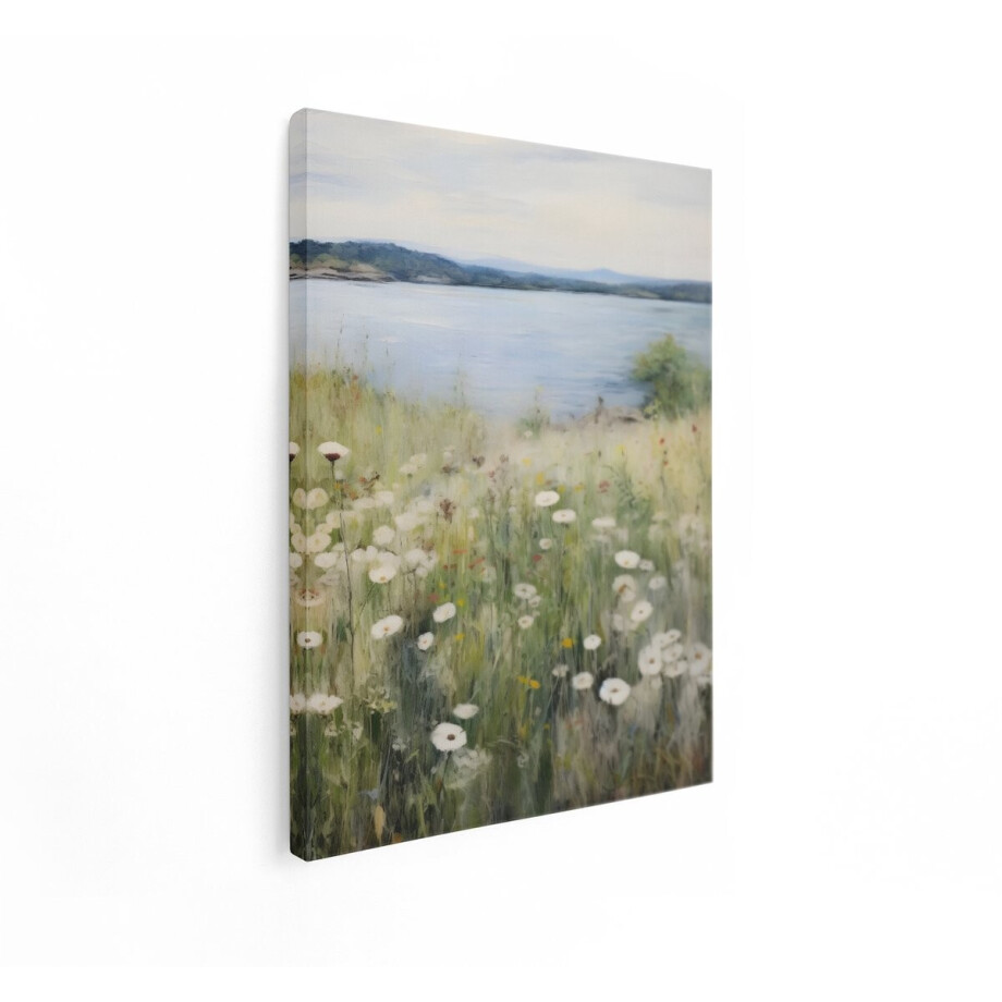 Artaza Canvas Schilderij Zomerse Weide met Witte Bloemen en een Kalme Zee op de Achtergrond - 60x80 cm - Wanddecoratie Woonkamer - Schilderijen - Muurdecoratie afbeelding 1