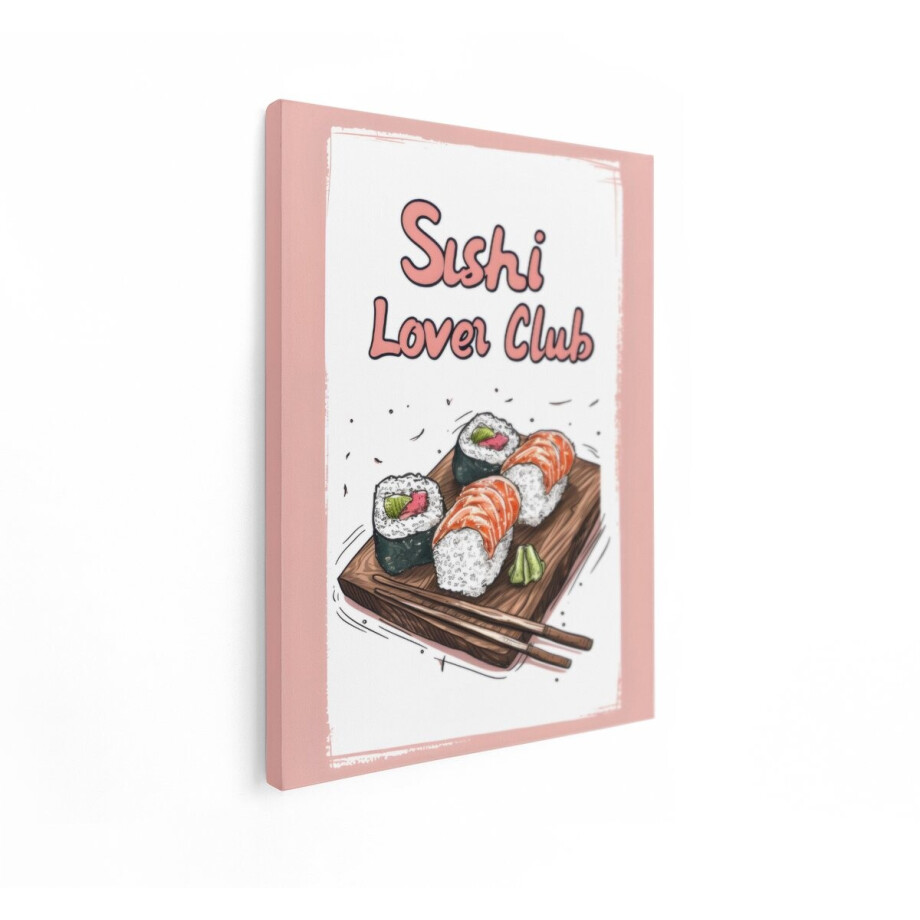 Artaza Canvas Schilderij Sushi Lover Club-Tekst met Heerlijke Zalm- en Tonijn-Sushirolletjes - 90x120 cm - Groot - Wanddecoratie Woonkamer - Schilderijen - Muurdecoratie afbeelding 1