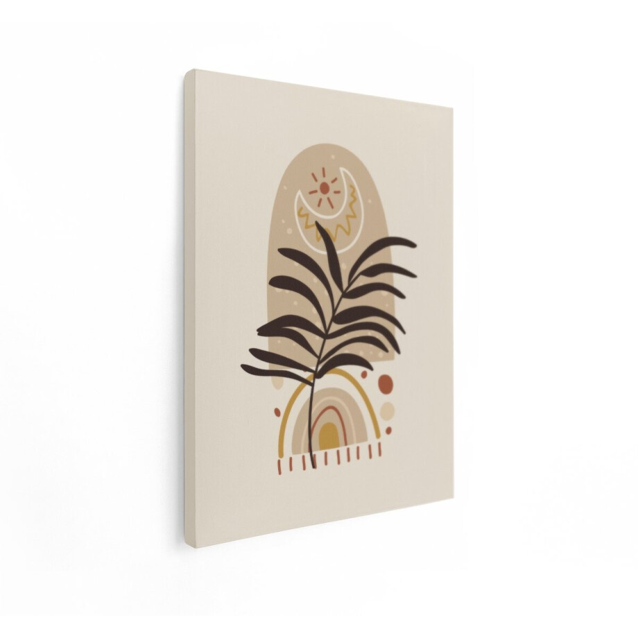 Artaza Canvas Schilderij Abstracte Boho-Kunst met Elementen van Palmbladeren - de Zon - de Maan en een Regenboog - 90x120 cm - Groot - Wanddecoratie Woonkamer - Schilderijen - Muurdecoratie afbeelding 1
