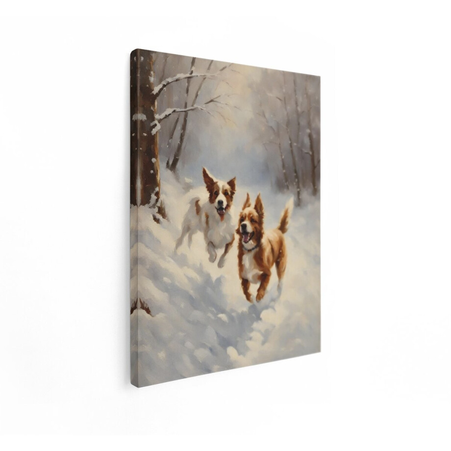 Artaza Canvas Schilderij Honden - 60x80 cm - Wanddecoratie Dieren - Muurdecoratie Winter - Decoratie Besneeuwd Bos - Schilderijen Op Canvas afbeelding 1