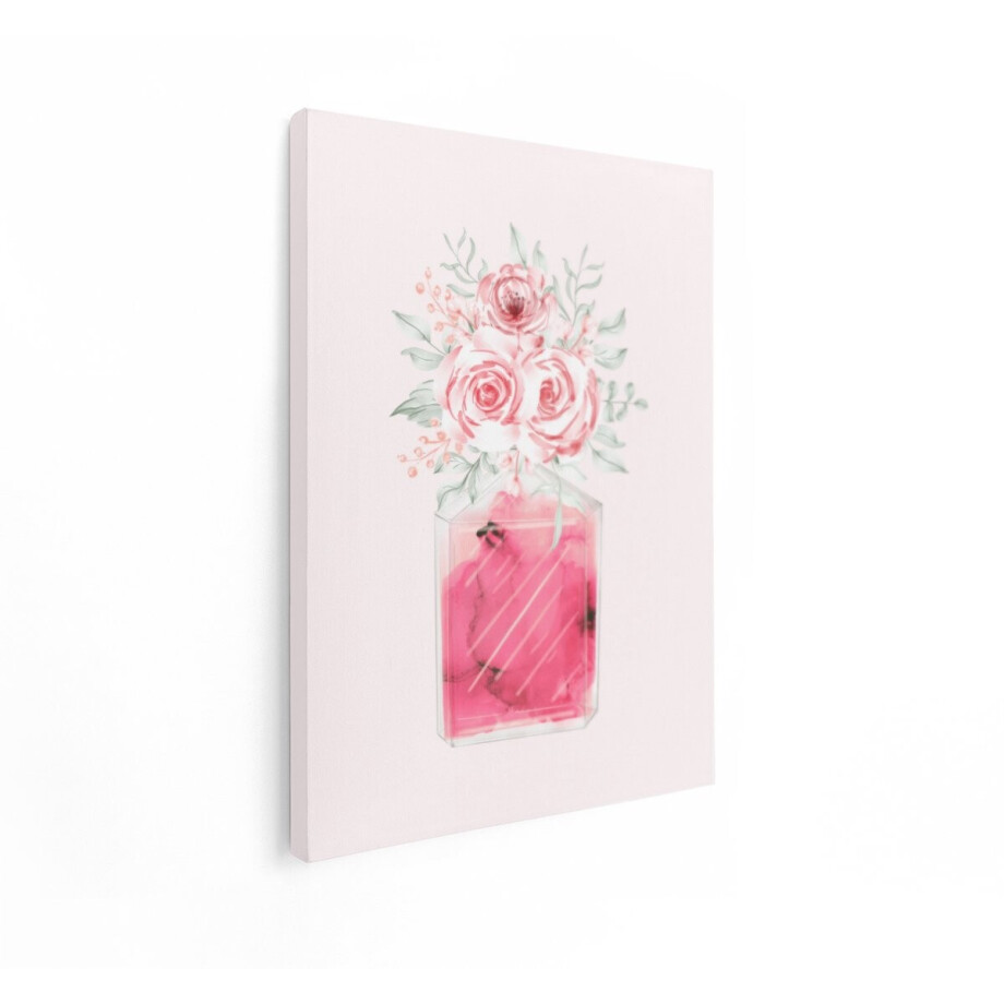 Artaza Canvas Schilderij Roze Rozen - 30x40 cm - Wanddecoratie Parfumfles - Muurdecoratie Aquarel Bloemen - Schilderijen Op Canvas afbeelding 1