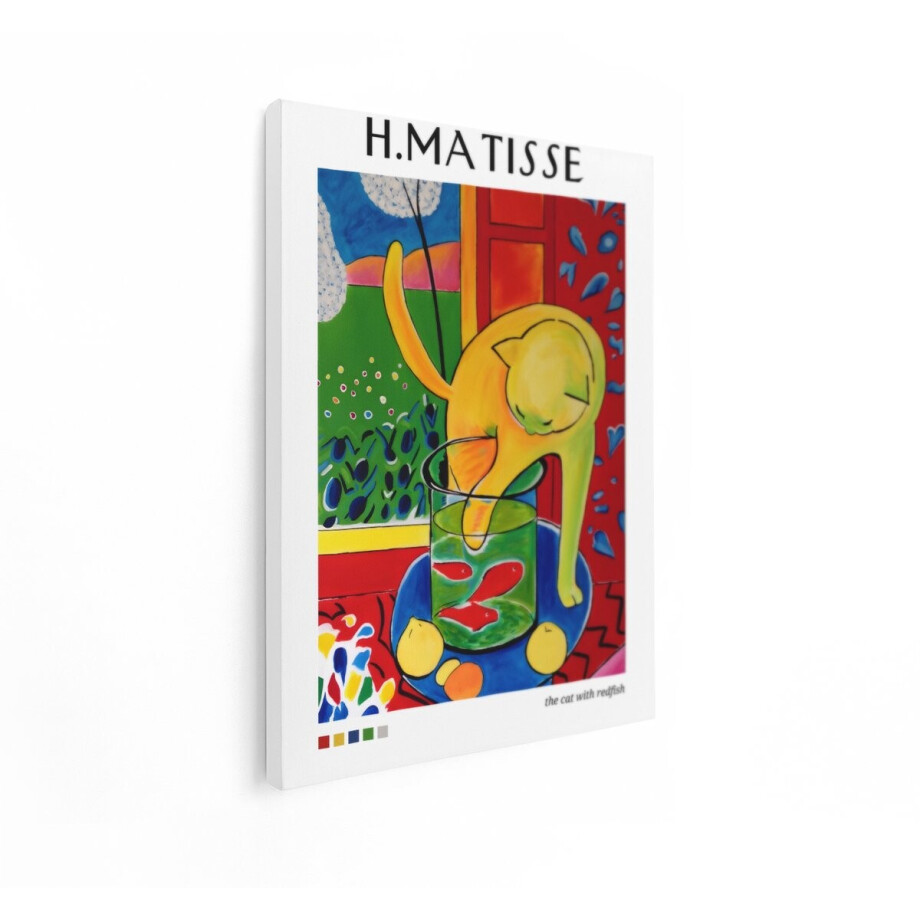 Artaza Canvas Schilderij Kat Met Rode Vis - 90x120 cm - Wanddecoratie Henri Matisse - Muurdecoratie Kleurrijk - Decoratie Modern Schilderij afbeelding 1