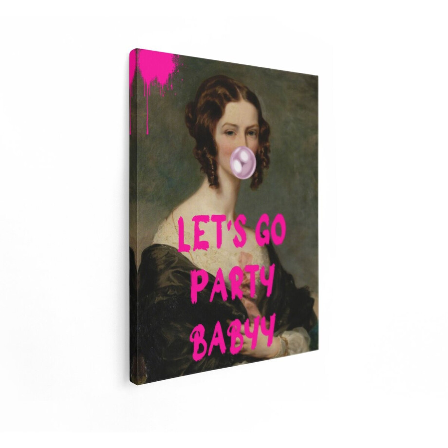 Artaza Canvas Schilderij Klassiek Portret van Vrouw met Kauwgom en Feesttekst - 90x120 cm - Groot - Wanddecoratie Woonkamer - Schilderijen - Muurdecoratie afbeelding 1