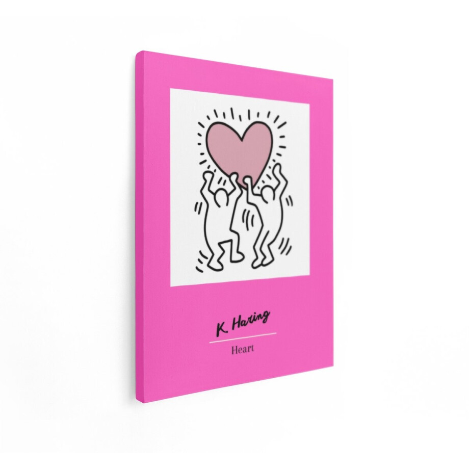 Artaza Canvas Schilderij De Iconische Figuren van Keith Haring Vieren een Stralend Roze Hart met Vreugde en Beweging - 30x40 cm - Klein - Wanddecoratie Woonkamer - Schilderijen - Muurdecoratie afbeelding 1