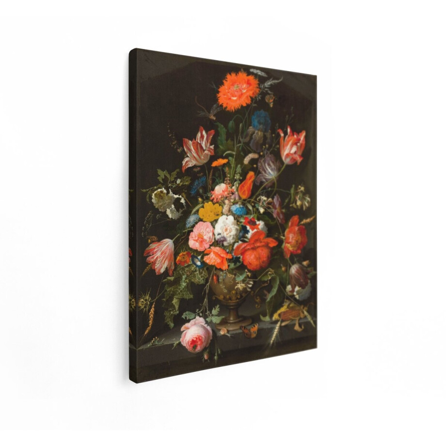 Artaza Canvas Schilderij Barok Bloemstuk met Diverse Bloemen - Insecten en Fruit in een Vaas - 90x120 cm - Groot - Wanddecoratie Woonkamer - Schilderijen - Muurdecoratie afbeelding 1