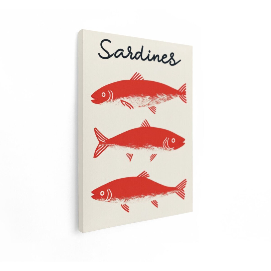 Artaza Canvas Schilderij Drie Rode Sardientjes op een Lichte Achtergrond met het Woord Sardines Erboven - 60x80 cm - Wanddecoratie Woonkamer - Schilderijen - Muurdecoratie afbeelding 1