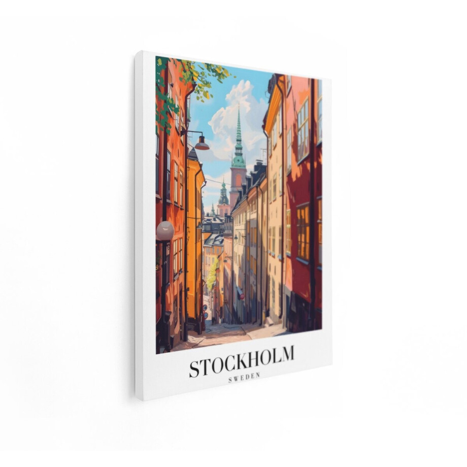 Artaza Canvas Schilderij Schilderachtige Straat in Stockholm met Kleurrijke Gebouwen en Kerktorens - 30x40 cm - Klein - Wanddecoratie Woonkamer - Schilderijen - Muurdecoratie afbeelding 1