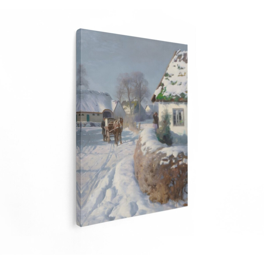 Artaza Canvas Schilderij Winterlandschap - 60x80 cm - Wanddecoratie Paard En Wagen - Muurdecoratie Besneeuwd Dorp - Decoratie Klassiek Schilderij afbeelding 1