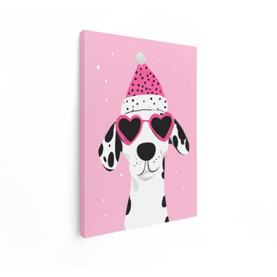 Artaza Canvas Schilderij Grappige Dalmatiër met Hartvormige Zonnebril en Feestmuts op Roze Achtergrond - 30x40 cm - Klein - Wanddecoratie Woonkamer - Schilderijen - Muurdecoratie afbeelding 1