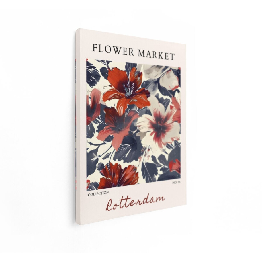 Artaza Canvas Schilderij Bloemenmarkt Poster met Rode en Blauwe Bloemen en Tekst - 90x120 cm - Groot - Wanddecoratie Woonkamer - Schilderijen - Muurdecoratie afbeelding 1