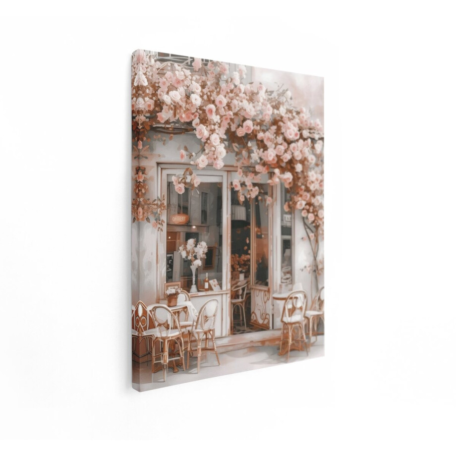 Artaza Canvas Schilderij Romantische Parijse Caféterras met Bloeiende Rozen en Rieten Stoelen - 60x80 cm - Wanddecoratie Woonkamer - Schilderijen - Muurdecoratie afbeelding 1