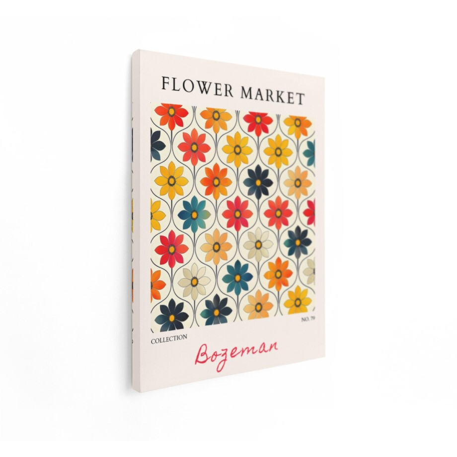 Artaza Canvas Schilderij Retro Bloemenprint met Geometrische Patronen en Tekst 'Flower Market' - 90x120 cm - Groot - Wanddecoratie Woonkamer - Schilderijen - Muurdecoratie afbeelding 1