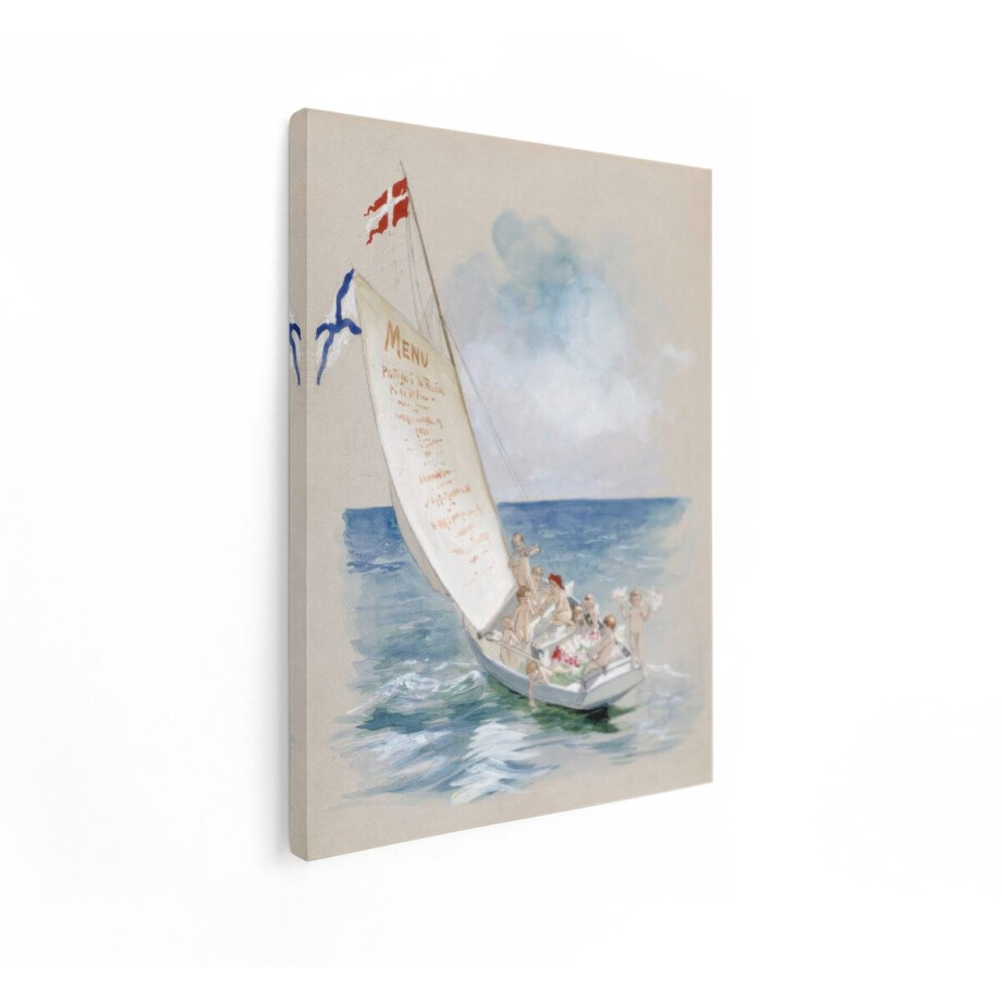 Artaza Canvas Schilderij Een Zeilboot Vol met Putti Vaart op Zee met een Menu op het Zeil - 60x80 cm - Wanddecoratie Woonkamer - Schilderijen - Muurdecoratie afbeelding 1