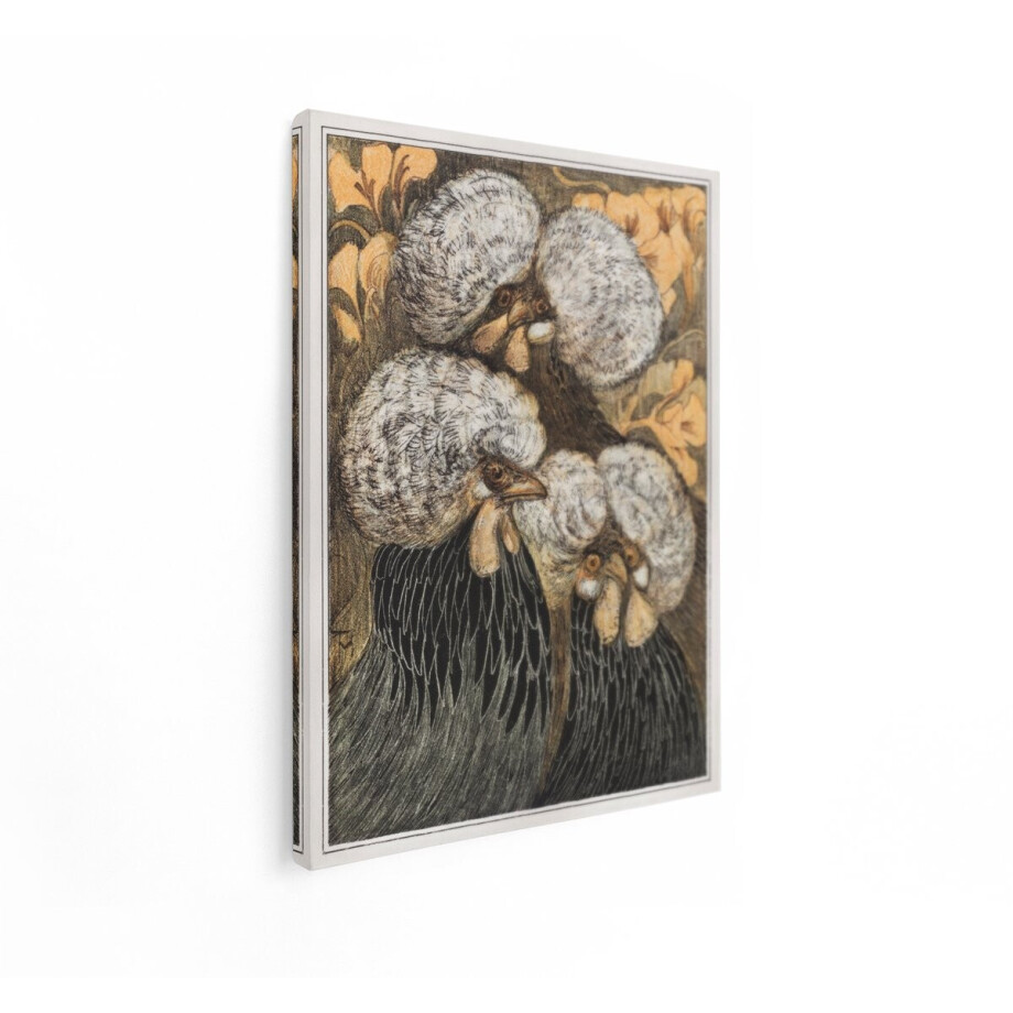 Artaza Canvas Schilderij Vier Sierlijke Poolse Krielkippen met Pluizige Witte Kuiven en Zwarte Veren - 60x80 cm - Wanddecoratie Woonkamer - Schilderijen - Muurdecoratie afbeelding 1