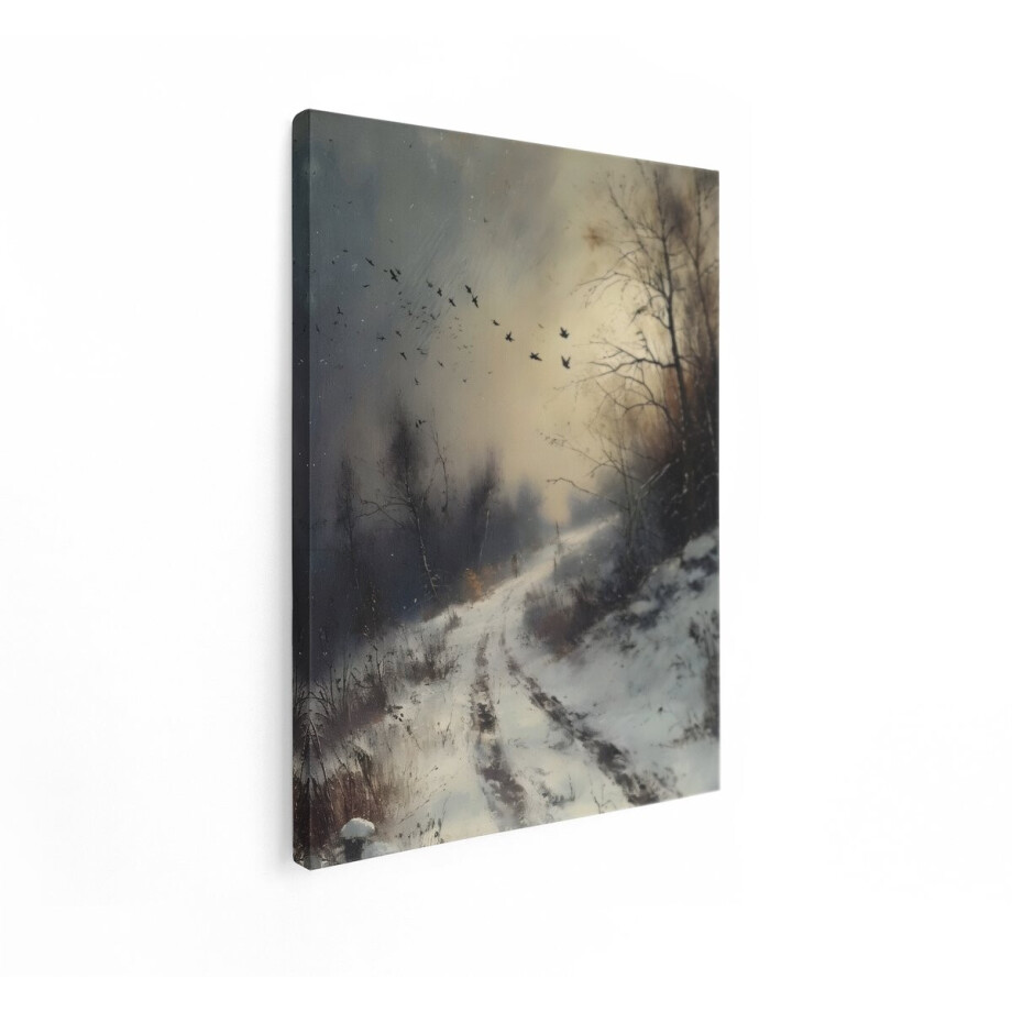 Artaza Canvas Schilderij Eenzame Reiziger op Besneeuwde Weg onder Vliegende Vogels in de Winter - 60x80 cm - Wanddecoratie Woonkamer - Schilderijen - Muurdecoratie afbeelding 1