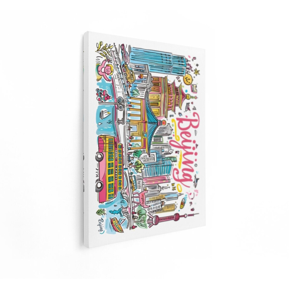Artaza Canvas Schilderij Levendige Illustratie van de Skyline van Beijing met Iconische Bezienswaardigheden en Transport - 90x120 cm - Groot - Wanddecoratie Woonkamer - Schilderijen - Muurdecoratie afbeelding 1
