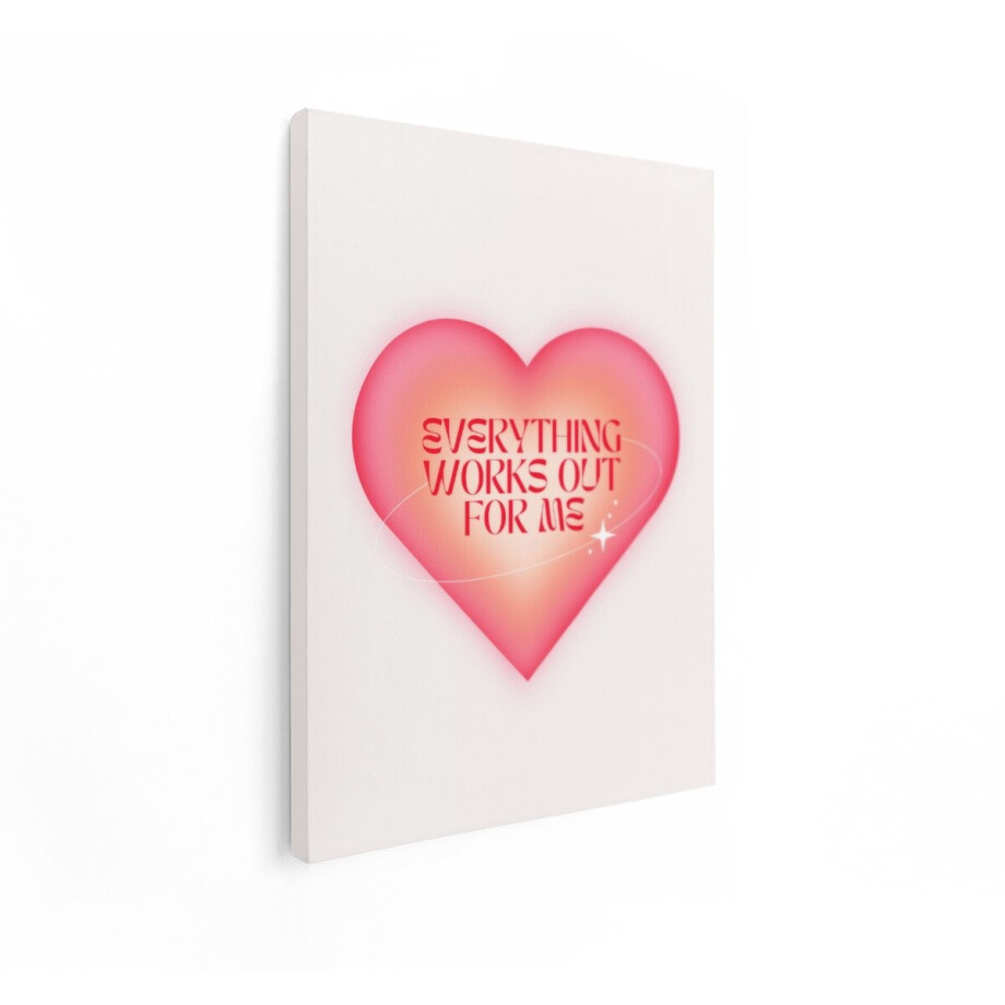 Artaza Canvas Schilderij Positieve Affirmatie met Hartvormige Tekst 'Everything Works Out For Me' - 90x120 cm - Groot - Wanddecoratie Woonkamer - Schilderijen - Muurdecoratie afbeelding 1