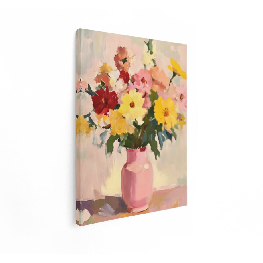 Artaza Canvas Schilderij Bloemen Stilleven - 60x80 cm - Wanddecoratie Boeket - Muurdecoratie Woonkamer - Decoratie Roze Vaas - Kleurrijk afbeelding 1