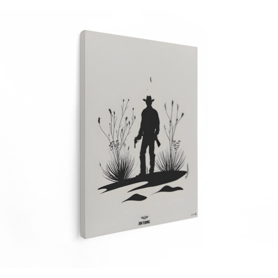 Artaza Canvas Schilderij Western Silhouet - 30x40 cm - Muurdecoratie Cowboy Woestijn - Wanddecoratie Minimalistisch - Schilderij Zwart Wit afbeelding 1