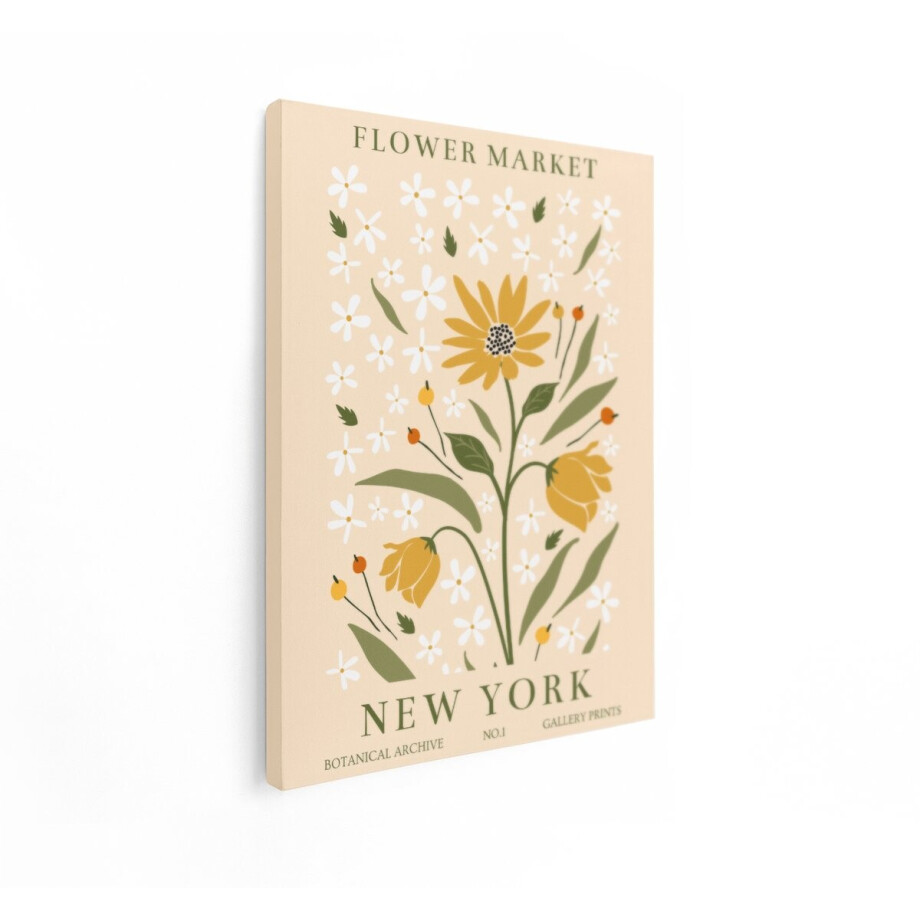 Artaza Canvas Schilderij Botanische Illustratie van een Bloemenmarkt in New York met Gele en Witte Bloemen - 30x40 cm - Klein - Wanddecoratie Woonkamer - Schilderijen - Muurdecoratie afbeelding 1