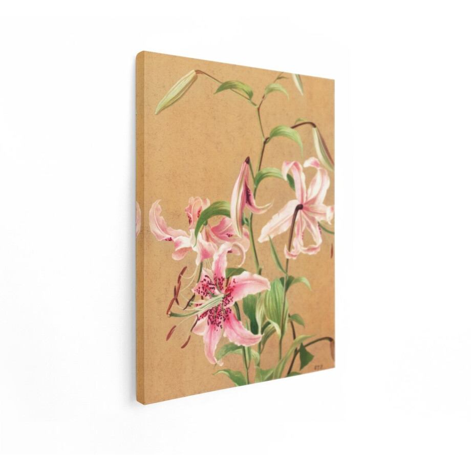 Artaza Canvas Schilderij Gedetailleerde Illustratie van Roze Lelies met Spikkels op een Beige Achtergrond - 60x80 cm - Wanddecoratie Woonkamer - Schilderijen - Muurdecoratie afbeelding 1