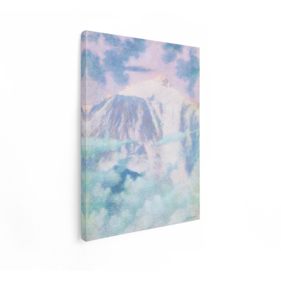 Artaza Canvas Schilderij Schilderij van Besneeuwde Bergtop met Pastelkleurige Wolken en Hemel - 60x80 cm - Wanddecoratie Woonkamer - Schilderijen - Muurdecoratie afbeelding 1