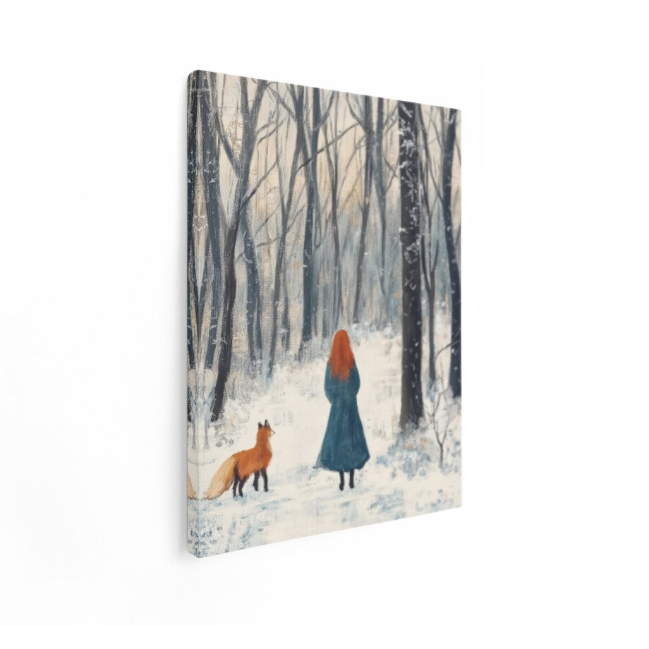 Artaza Canvas Schilderij Vrouw In Besneeuwd Bos - 90x120 cm - Wanddecoratie Vos - Muurdecoratie Winter Landschap - Schilderijen Op Canvas afbeelding 1
