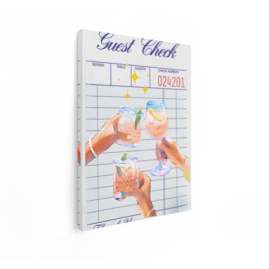 Artaza Canvas Schilderij Vrolijke Toast met Cocktails op een Gastenbon - Viering van een Avondje Uit - 90x120 cm - Groot - Wanddecoratie Woonkamer - Schilderijen - Muurdecoratie afbeelding 1