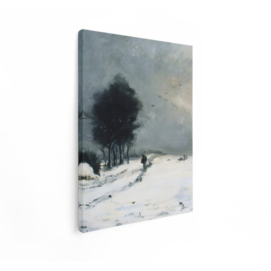 Artaza Canvas Schilderij Eenzame Wandelaar in Besneeuwd Landschap met Vogels in de Lucht - 30x40 cm - Klein - Wanddecoratie Woonkamer - Schilderijen - Muurdecoratie afbeelding 1