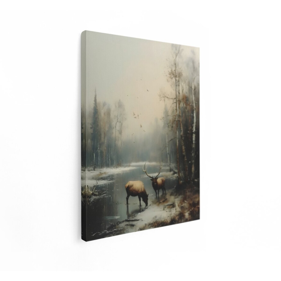 Artaza Canvas Schilderij Twee Edelherten Drinken Water in een Besneeuwd Bos met Vogels in de Lucht - 30x40 cm - Klein - Wanddecoratie Woonkamer - Schilderijen - Muurdecoratie afbeelding 1