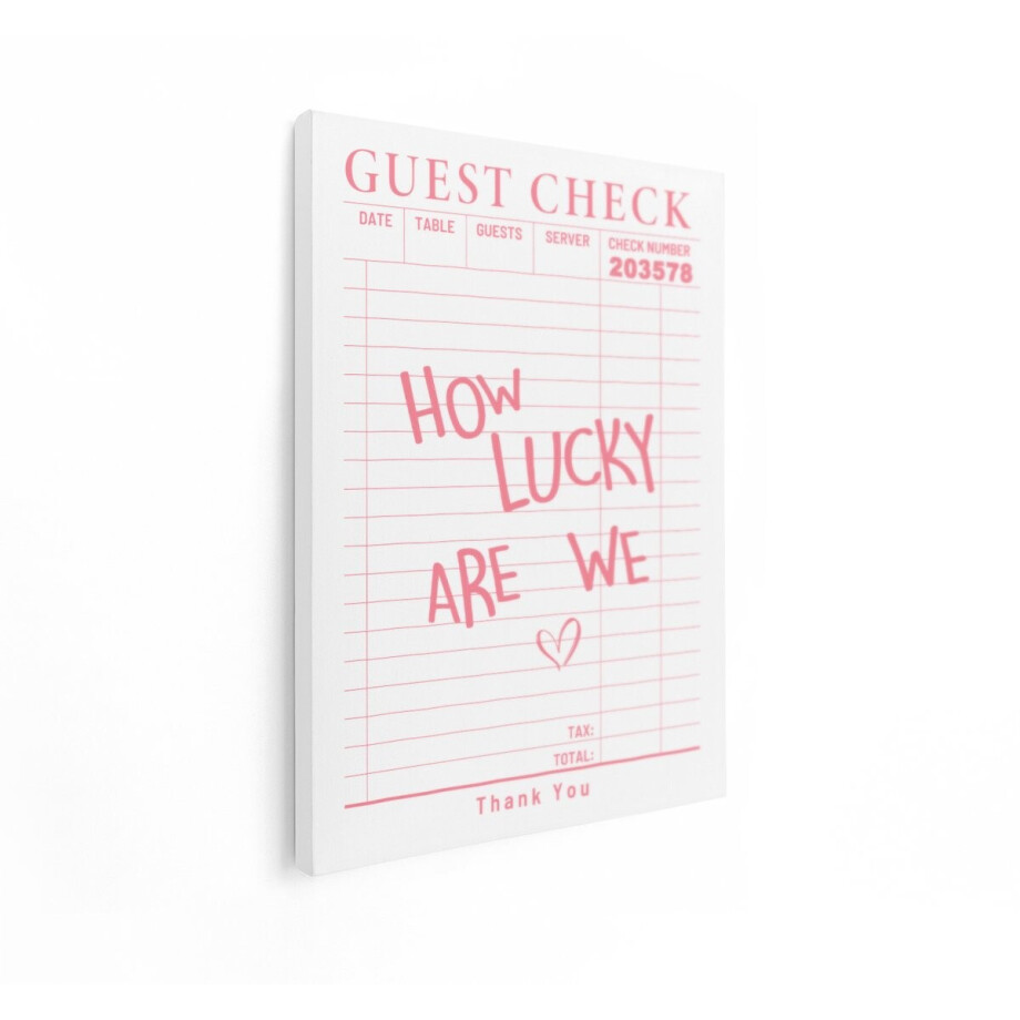 Artaza Canvas Schilderij How Lucky Are We - 30x40 cm - Wanddecoratie Tekst - Muurdecoratie Roze - Retro Decoratie Hart - Kamer Accessoires afbeelding 1