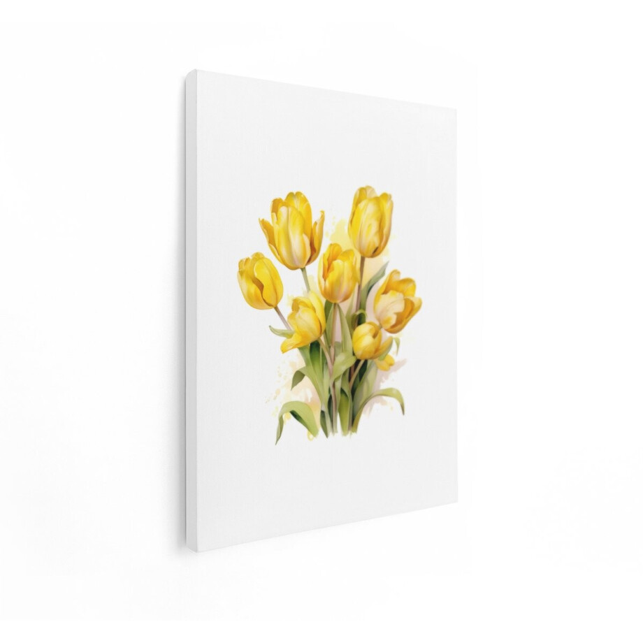 Artaza Canvas Schilderij Boeket Gele Tulpen met Aquarel Effect en Witte Achtergrond - 60x80 cm - Wanddecoratie Woonkamer - Schilderijen - Muurdecoratie afbeelding 1