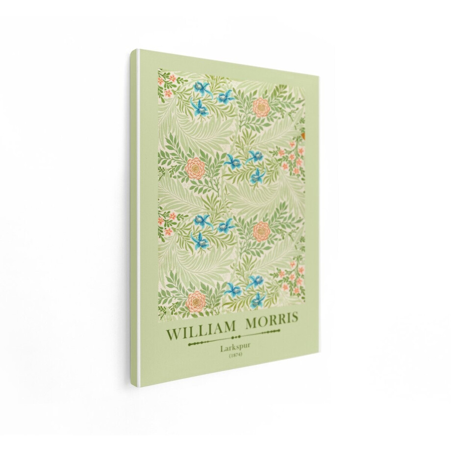 Artaza Canvas Schilderij William Morris Larkspur Patroon met Bloemen en Bladeren in Pastelgroen en Blauw - 60x80 cm - Wanddecoratie Woonkamer - Schilderijen - Muurdecoratie afbeelding 1