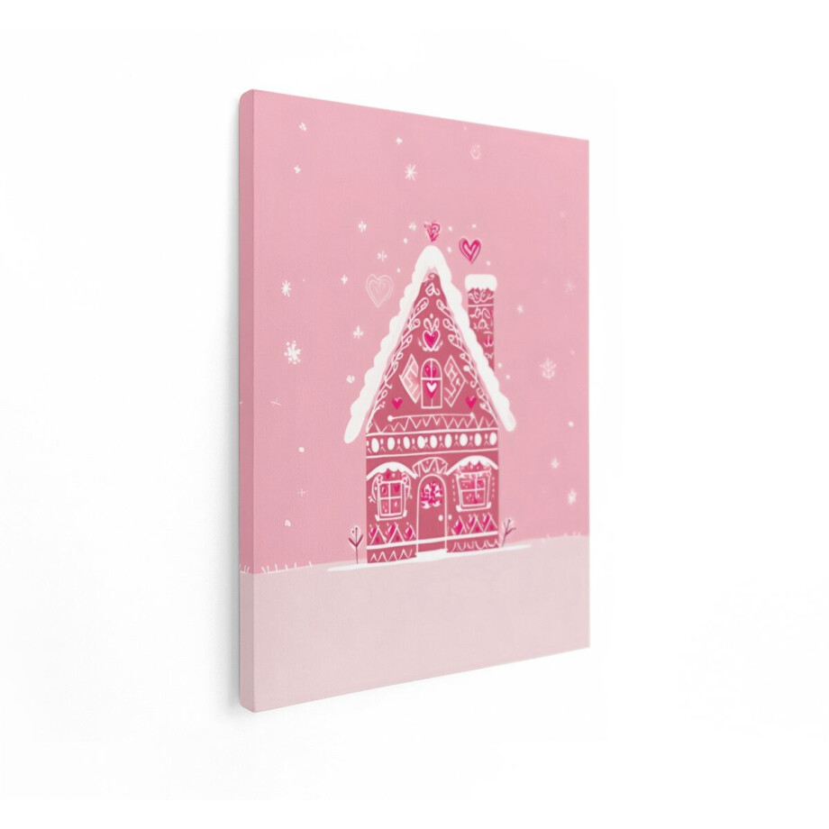 Artaza Canvas Schilderij Schattig Roze Peperkoekhuisje met Hartjes en Sneeuwvlokken - 90x120 cm - Groot - Wanddecoratie Woonkamer - Schilderijen - Muurdecoratie afbeelding 1