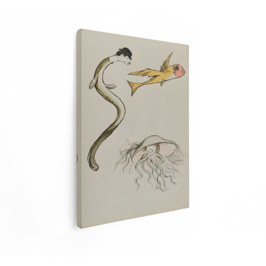 Artaza Canvas Schilderij Surrealistische Illustratie van een Paling met Hoed - een Vis en een Kwal met Tentakels - 60x80 cm - Wanddecoratie Woonkamer - Schilderijen - Muurdecoratie afbeelding 1