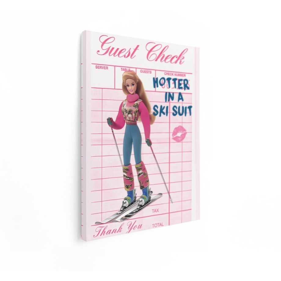 Artaza Canvas Schilderij Barbie Pop met Skikleding en Ski'S op een Gastenbon - 90x120 cm - Groot - Wanddecoratie Woonkamer - Schilderijen - Muurdecoratie afbeelding 1