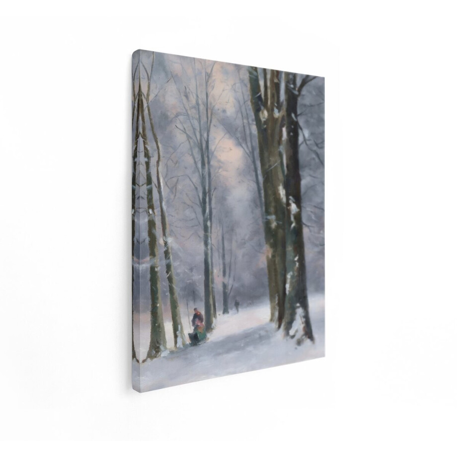 Artaza Canvas Schilderij Schilderij van een Winterse Boswandeling met Mensen op een Besneeuwd Pad - 90x120 cm - Groot - Wanddecoratie Woonkamer - Schilderijen - Muurdecoratie afbeelding 1