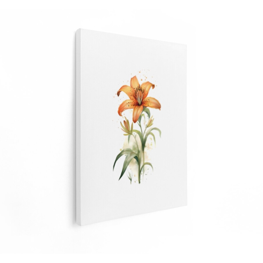 Artaza Canvas Schilderij Oranje Lelie Bloem met Waterverf Spetters en Groene Bladeren - 30x40 cm - Klein - Wanddecoratie Woonkamer - Schilderijen - Muurdecoratie afbeelding 1