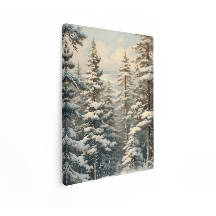 Artaza Canvas Schilderij Winterlandschap - 90x120 cm - Wanddecoratie Besneeuwd Bos - Muurdecoratie Dennenbomen - Vintage Schilderijen Natuur afbeelding 1