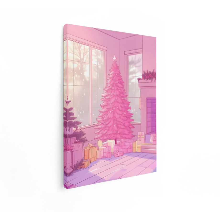 Artaza Canvas Schilderij Roze Kerstboom - 30x40 cm - Wanddecoratie Kerst Cadeaus - Muurdecoratie Woonkamer - Kamer Accessoires afbeelding 1