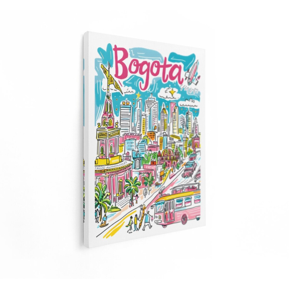 Artaza Canvas Schilderij Levendige Illustratie van de Skyline van Bogotá met Kleurrijke Gebouwen en Verkeer - 30x40 cm - Klein - Wanddecoratie Woonkamer - Schilderijen - Muurdecoratie afbeelding 1