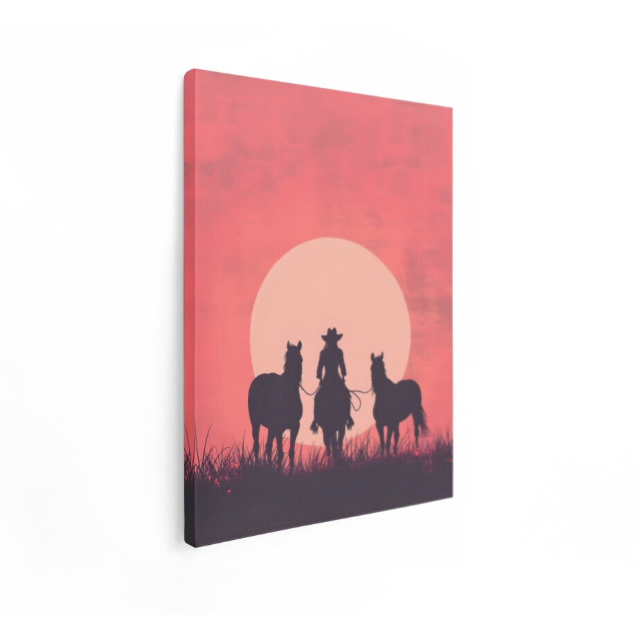 Artaza Canvas Schilderij Cowgirl Silhouet met twee Paarden bij Zonsondergang in het Wilde Westen - 30x40 cm - Klein - Wanddecoratie Woonkamer - Schilderijen - Muurdecoratie afbeelding 1