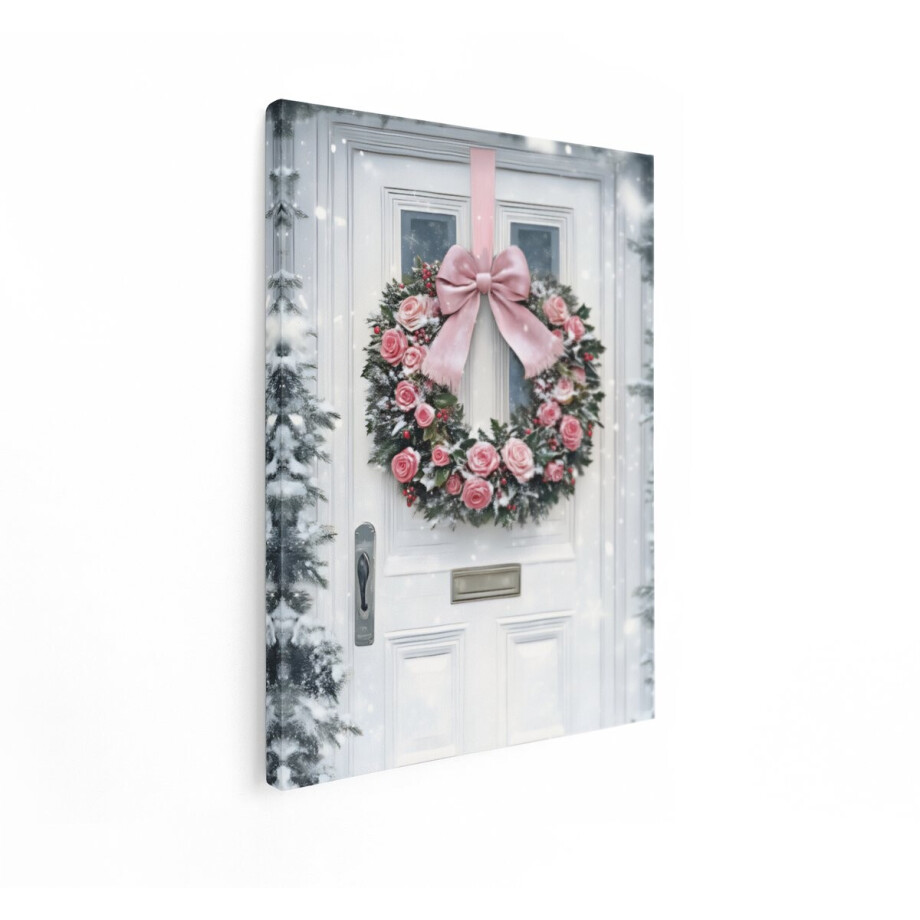 Artaza Canvas Schilderij Kerstkrans - 60x80 cm - Wanddecoratie Kerst - Muurdecoratie Roze Rozen - Decoratie Voordeur - Schilderijen Op Canvas afbeelding 1
